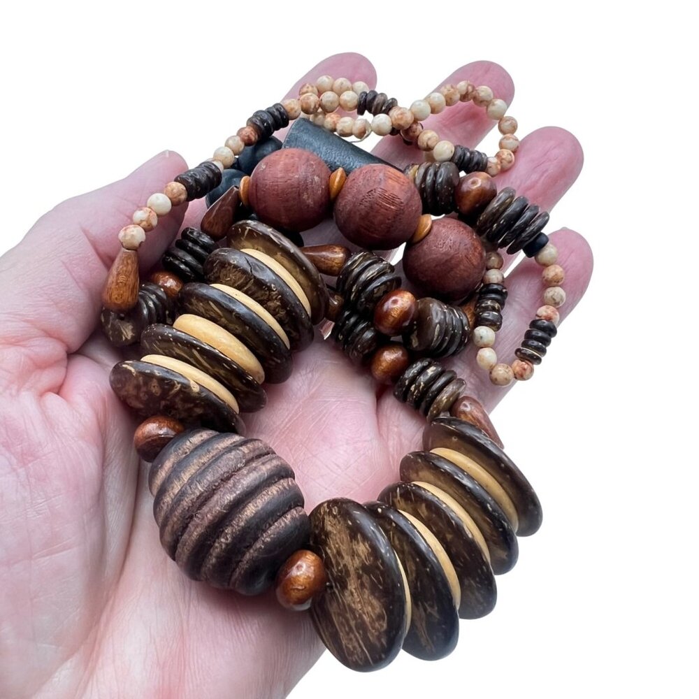 Chunky 27" Boho Wood Coconut Shell Statement Necklace Tribal Throw Over Festival - Picture 3 of 9